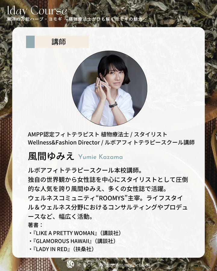 【特別講師：風間ゆみえ】5/17(日)10:00 ZOOM＆対面開催｜東洋の万能ハーブ・ヨモギ〜植物療法士がひも解くヨモギの魅力〜1day講座🌿